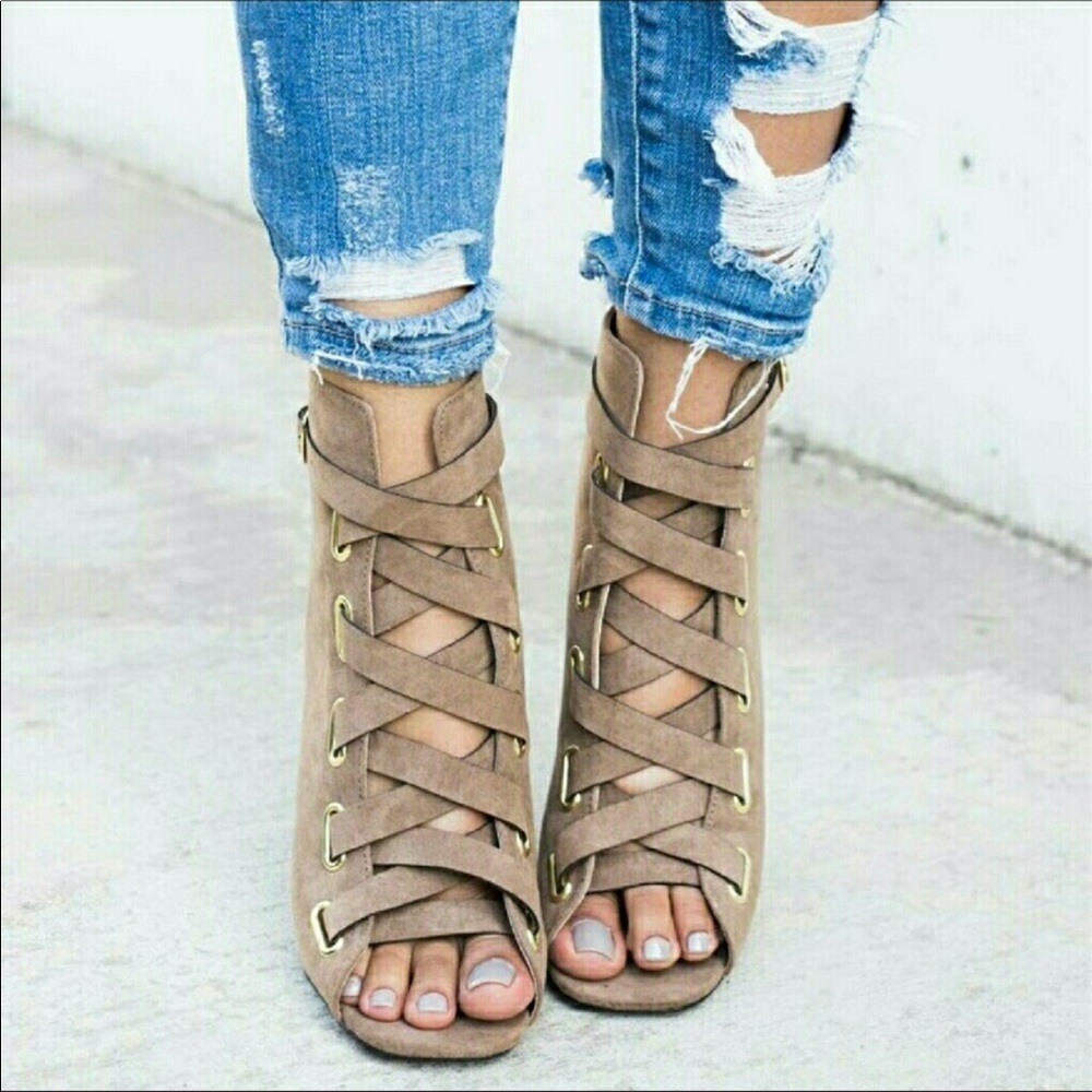 The Loop Mauve Lace Up Peep Toe Block Heel Bootie - Picture 2 of 7